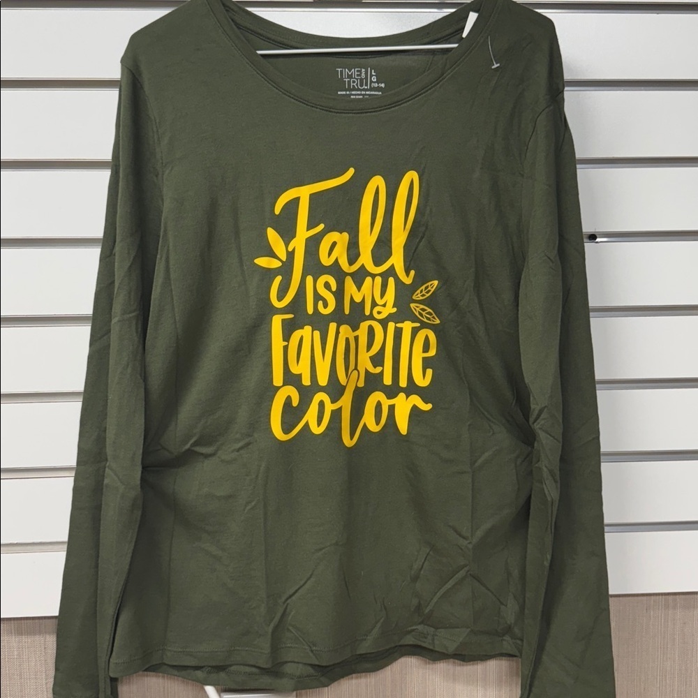 NWT Time and Tru Olive Green Long Sleeve with Yellow Fall Vinyl Graphic large